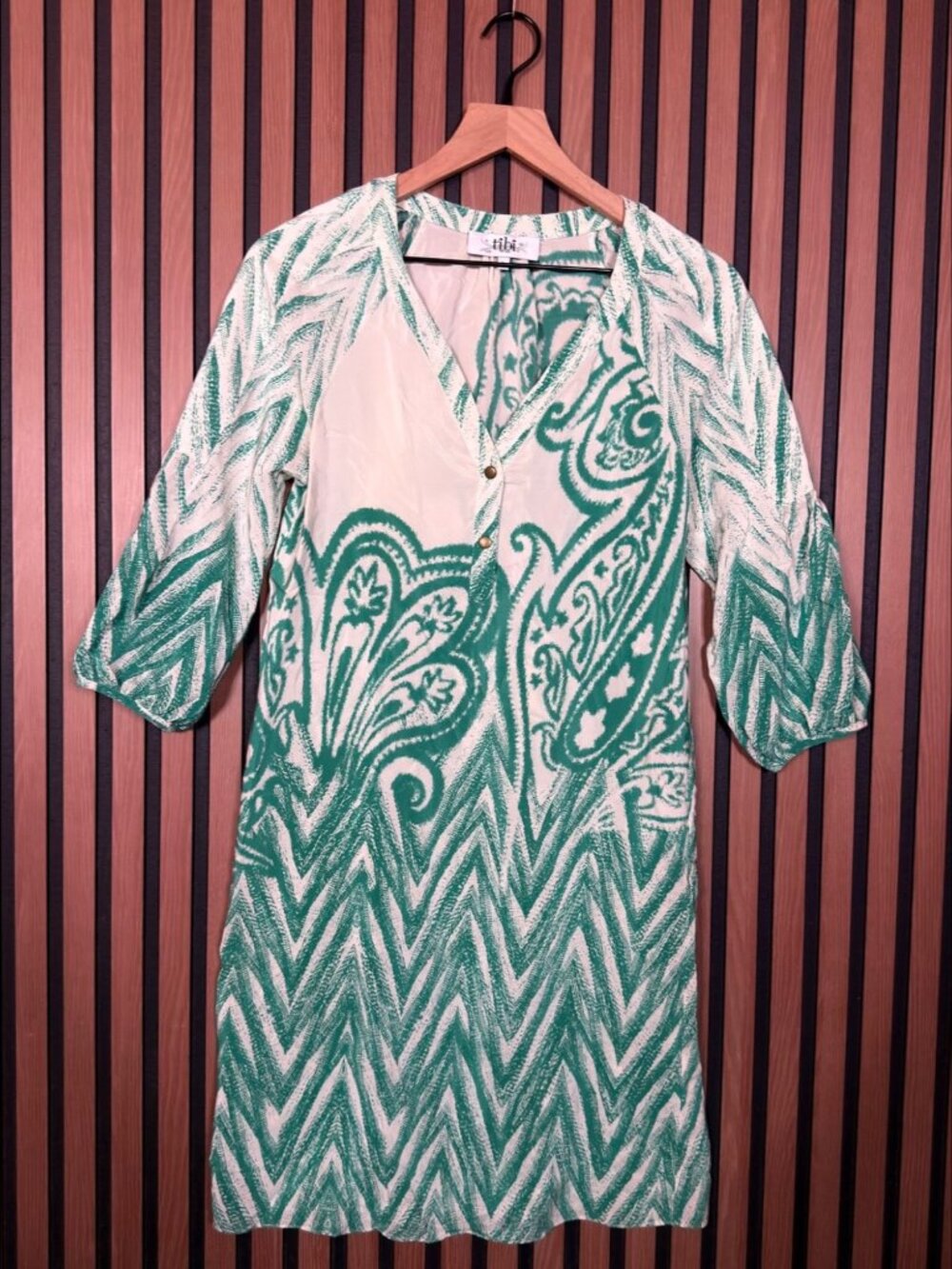 Tibi New York Dress 2 Womens Green Henley Long Sleeve Abstract Chevron Print